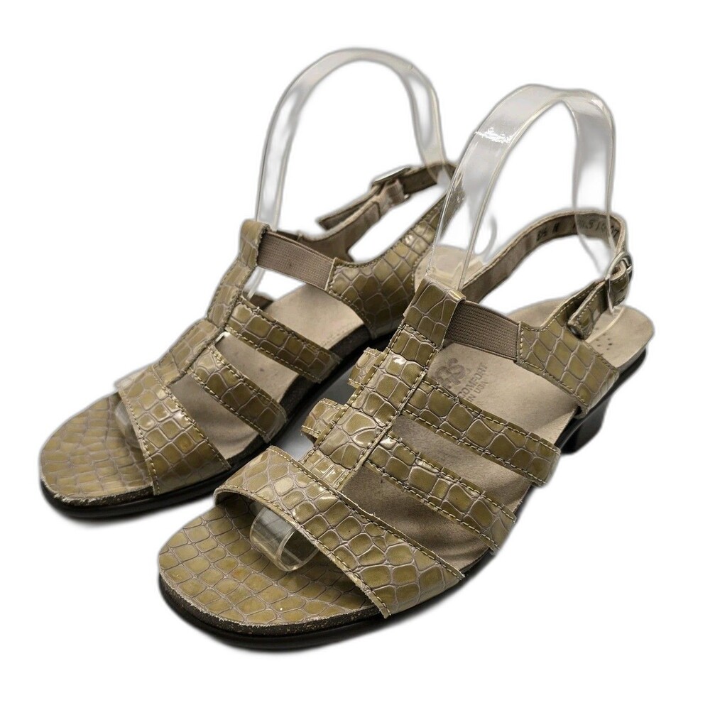 Women's 8.5N SAS Allegro Comfort Crocodile Embossed Leather Sandals Taupe Heels